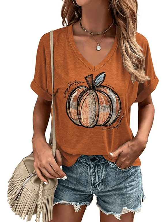 Womens Funny Short Sleeve V Neck Halloween Thanksgiving Fall Shirts Pumpkin Graphic Tees