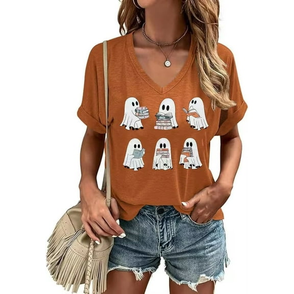 Womens Funny Short Sleeve V Neck Halloween Thanksgiving Fall Shirts Pumpkin Graphic Tees