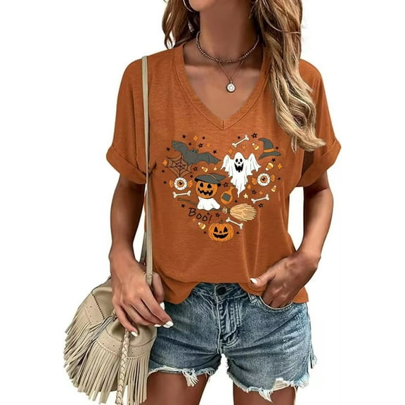 Womens Funny Short Sleeve V Neck Halloween Thanksgiving Fall Shirts Pumpkin Graphic Tees