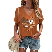 Womens Funny Short Sleeve V Neck Halloween Thanksgiving Fall Shirts Pumpkin Graphic Tees