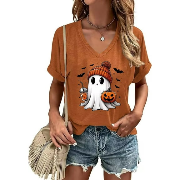 Womens Funny Short Sleeve V Neck Halloween Thanksgiving Fall Shirts Pumpkin Graphic Tees