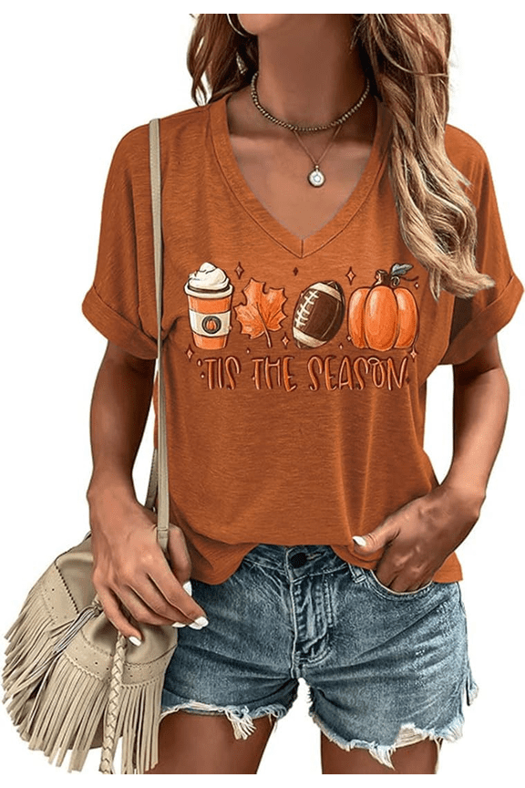 Womens Funny Short Sleeve V Neck Halloween Thanksgiving Fall Shirts Pumpkin Graphic Tees