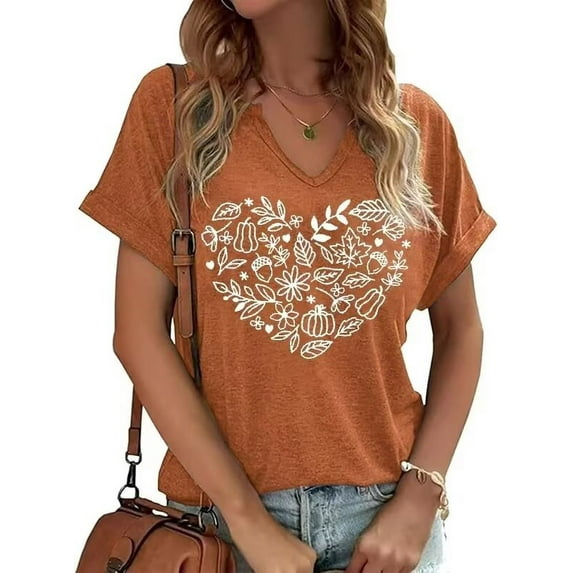 Womens Funny Short Sleeve V Neck Halloween Thanksgiving Fall T-Shirts Graphic Tee Tops (L,4 Brown)