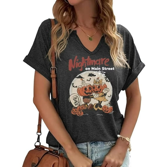 Womens Funny Short Sleeve V Neck Halloween Thanksgiving Fall T-Shirts Graphic Tee Tops (L,Pumpkin Dark Grey)