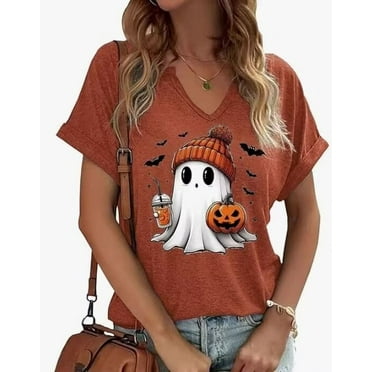 Womens Funny Short Sleeve V Neck Halloween Thanksgiving Fall T-Shirts Graphic Tee Tops (S,Brown,Ghost)
