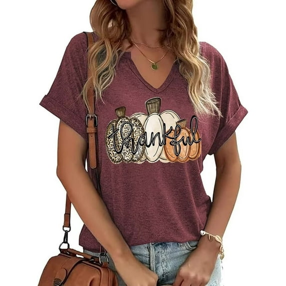 Womens Funny Short Sleeve V Neck Halloween Thanksgiving Fall T-Shirts Graphic Tee Tops (S,Wine Red)