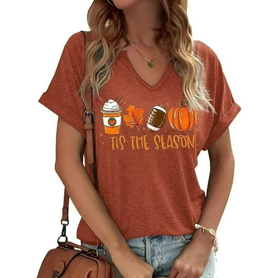 Womens Funny Short Sleeve V Neck Halloween Thanksgiving Fall T-Shirts Graphic Tee Tops (XL,2 Brown)