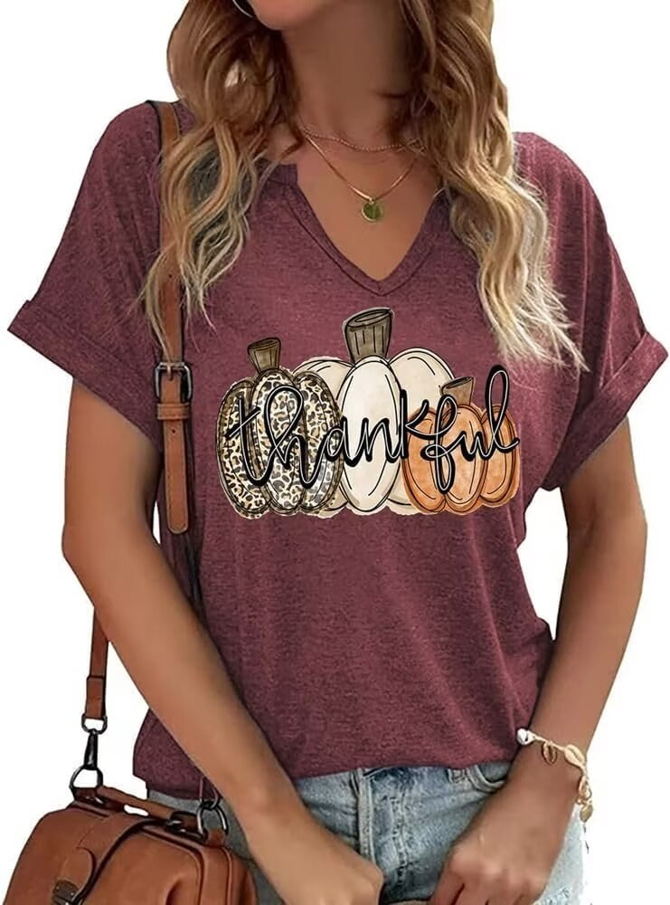 Womens Funny Short Sleeve V Neck Halloween Thanksgiving Fall TShirts