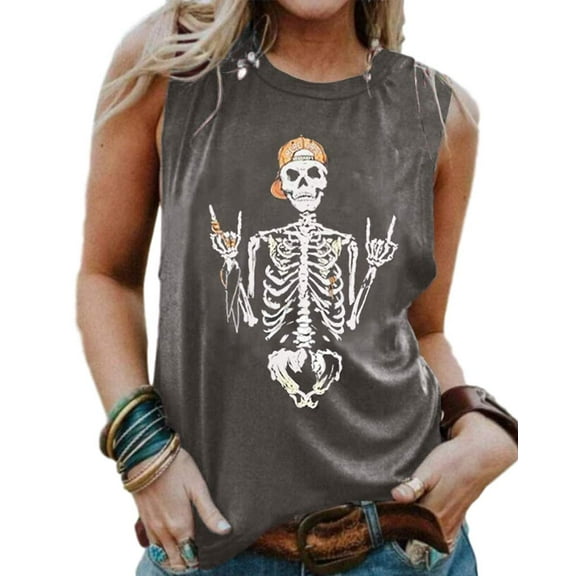 Womens Funny Skull Graphic Tank Tops Summer High Neck Sleeveless Workout Tee Shirts