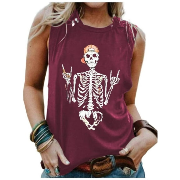 Womens Funny Skull Graphic Tank Tops Summer High Neck Sleeveless Workout Tee Shirts