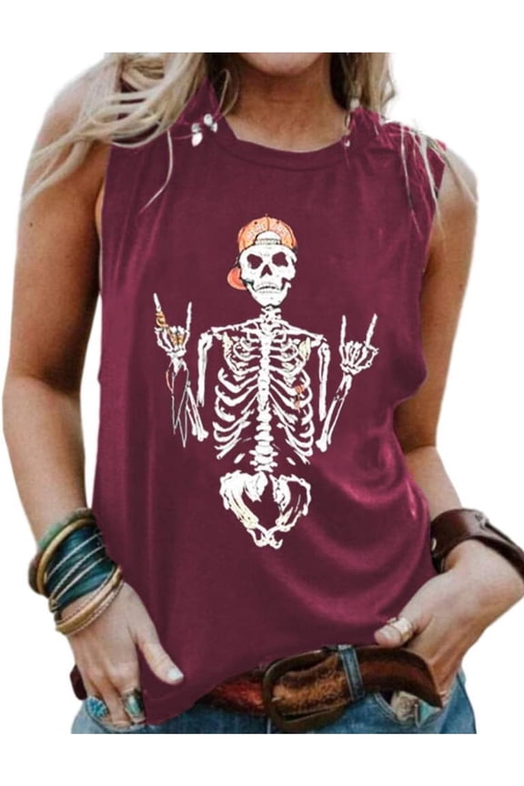 Womens Funny Skull Graphic Tank Tops Summer High Neck Sleeveless Workout Tee Shirts