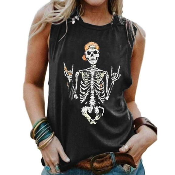 Womens Funny Skull Graphic Tank Tops Summer High Neck Sleeveless Workout Tee Shirts