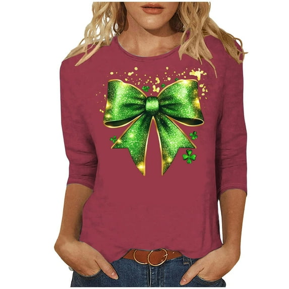 Womens Funny St Patricks Day Shirts 3/4 Sleeve Crewneck Green Graphic Comfy Casual Loose Fit Tee Shirts Pullover Tops (3XL, Red)