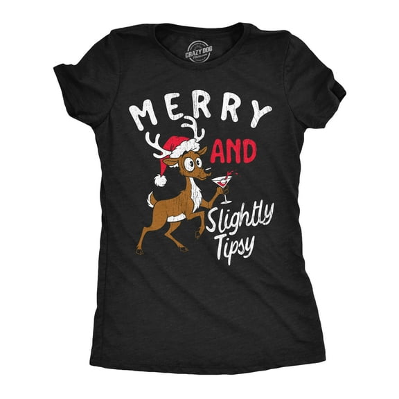 Womens Funny T Shirts Merry And Slightly Tipsy Sarcastic Christmas Graphic Novelty Drinking Tee For Ladies Womens Graphic Tees