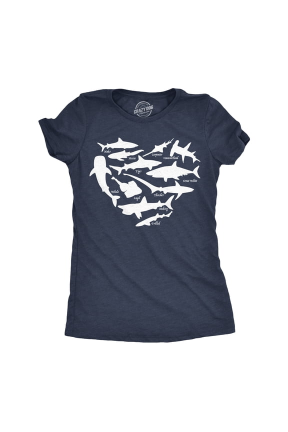 Womens Funny T Shirts Shark Types Heart Sarcastic Ocean Lover Tee For Ladies Womens Graphic Tees