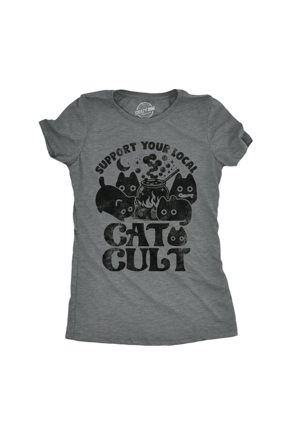 Womens Funny T Shirts Support Your Local Cat Cult Sarcastic Halloween Kitten Graphic Tee for Ladies Womens Graphic Tees