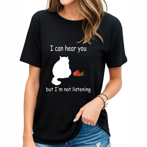 Womens Funny cat I can hear you but I'm listening, cat and coffee T-Shirt Black