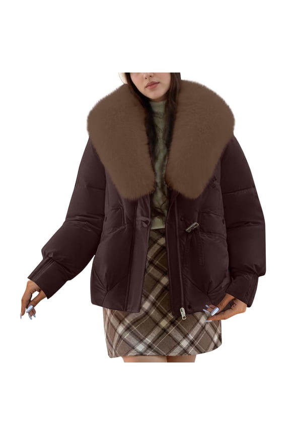 Womens Fur Collar Puffer Jacket Oversized Hooded Parka Waterproof & Windproof Outerwear Full Zip Overcoat Long Sleeve Topcoat Winter Trendy Jacket(Coffee,XL)