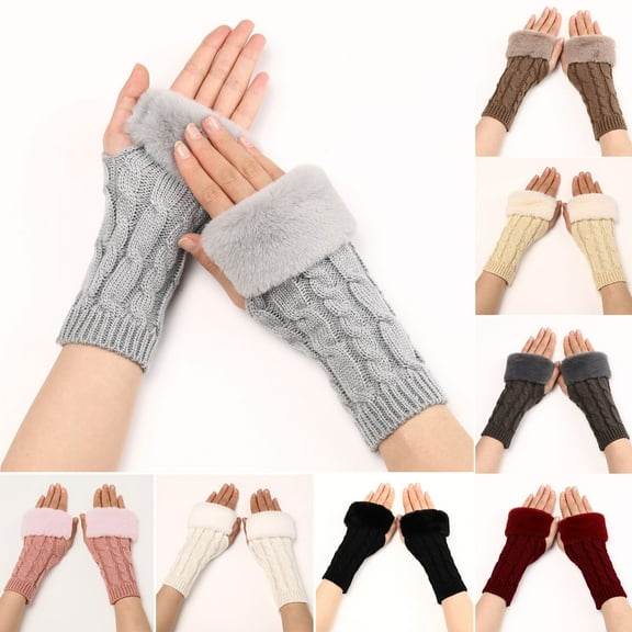 Womens Fur Winter Mittens Knitted Fingerless Gloves