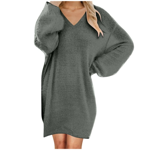 Womens Furry Oversized Mini Sweater Dress Casual V Neck Long Sleeve Soft Knit Fall Trendy Tunic Pullover Tops