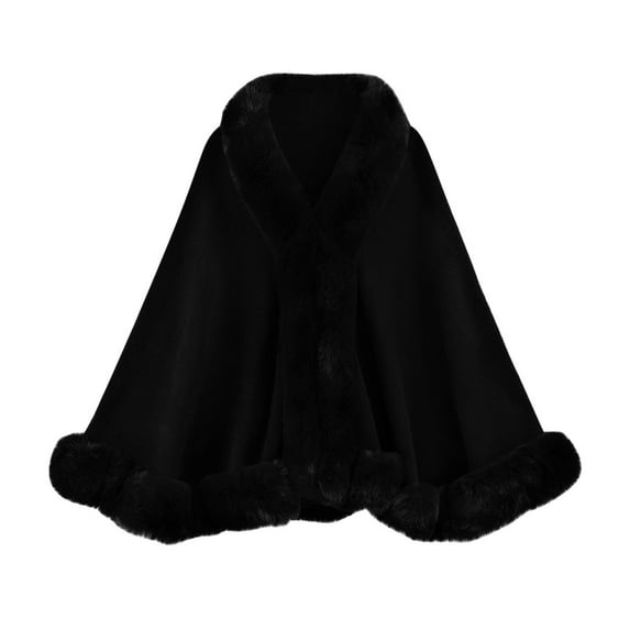 Womens Furry Poncho Faux Fur Trim Cardigan Shrugs Christmas Winter Soft Cloaks Oversized Cape Shawls (Free Size, Black)