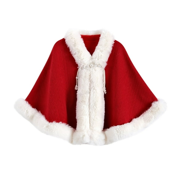 Womens Furry Poncho Faux Fur Trim Cardigan Shrugs Christmas Winter Soft Cloaks Oversized Cape Shawls (Free Size, Red 01)