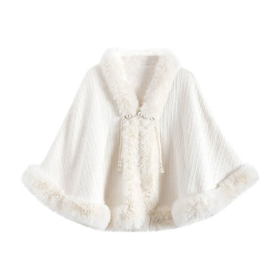 Womens Furry Poncho Faux Fur Trim Cardigan Shrugs Christmas Winter Soft Cloaks Oversized Cape Shawls (Free Size, White 01)