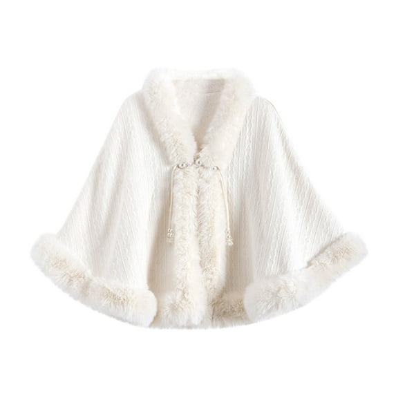 Womens Furry Poncho Faux Fur Trim Cardigan Shrugs Christmas Winter Soft Cloaks Oversized Cape Shawls (Free Size, White 01)