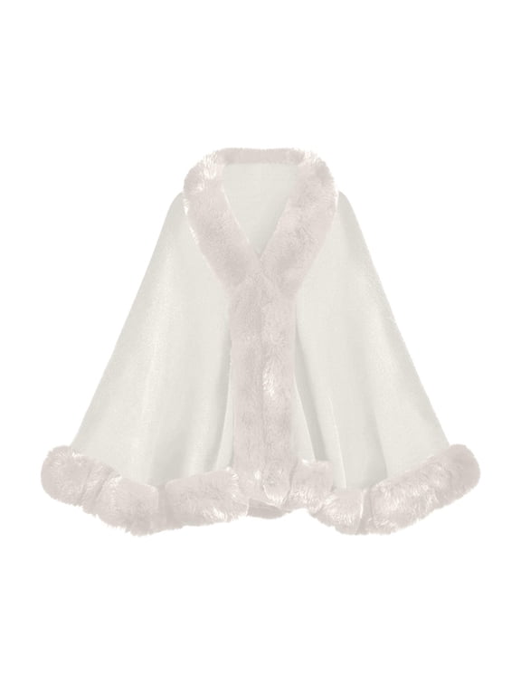 Womens Furry Poncho Faux Fur Trim Cardigan Shrugs Christmas Winter Soft Cloaks Oversized Cape Shawls (Free Size, White)