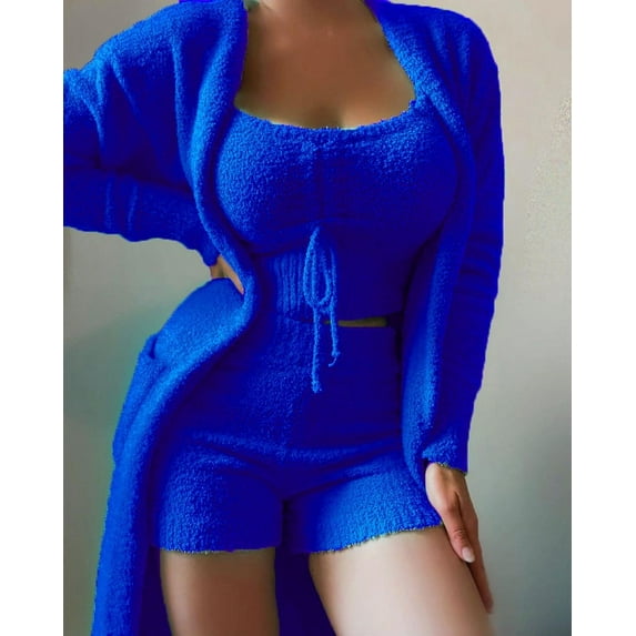 Womens Fuzzy 3 Piece Cardigan Outfits Fleece Warm Crop Top Shorts Pajamas Loungewear Sets