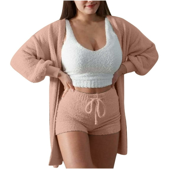 Womens Fuzzy 3 Piece Outfits Fleece Warm Hooded Cardigan Jacket Crop Top and Shorts Set Pajamas Loungewear