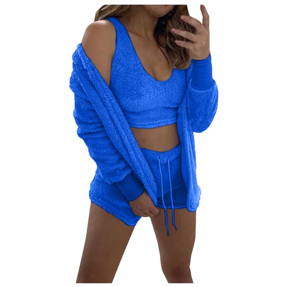 Womens Fuzzy 3 Piece Outfits Fleece Warm Soft Hooded Cardigan Crop Tank Top Shorts Set Pajamas PJs Loungewear