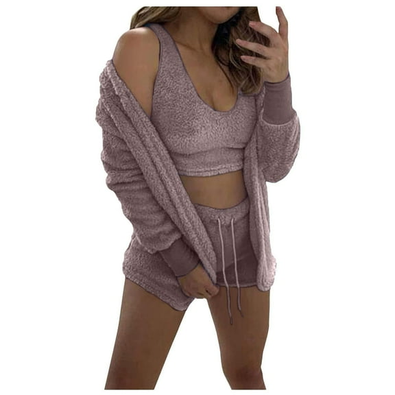 Womens Fuzzy 3 Piece Outfits Fleece Warm Soft Hooded Cardigan Crop Tank Top Shorts Set Pajamas PJs Loungewear
