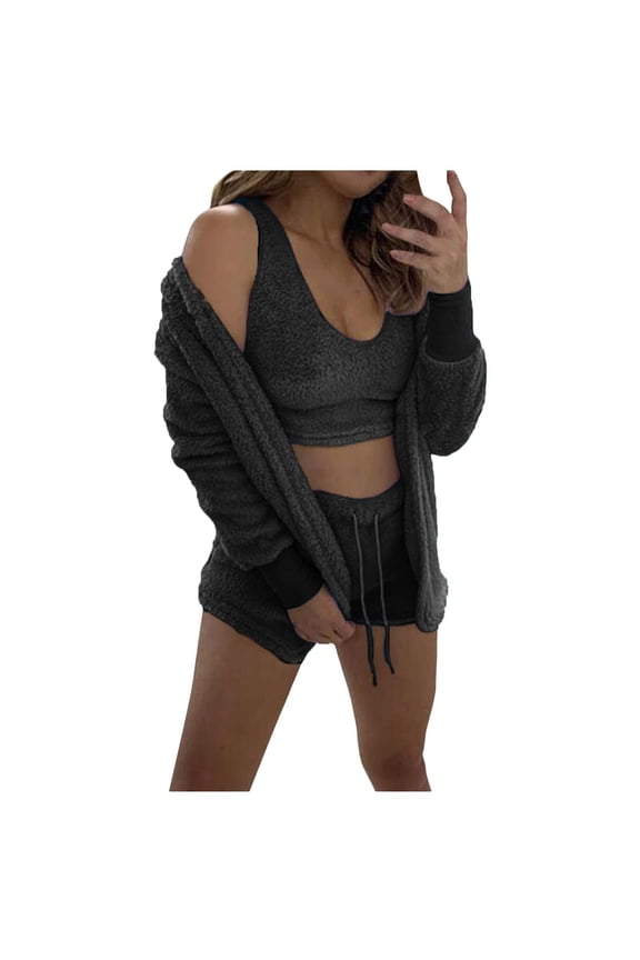 Womens Fuzzy 3 Piece Outfits Fleece Warm Soft Hooded Cardigan Crop Tank Top Shorts Set Pajamas PJs Loungewear
