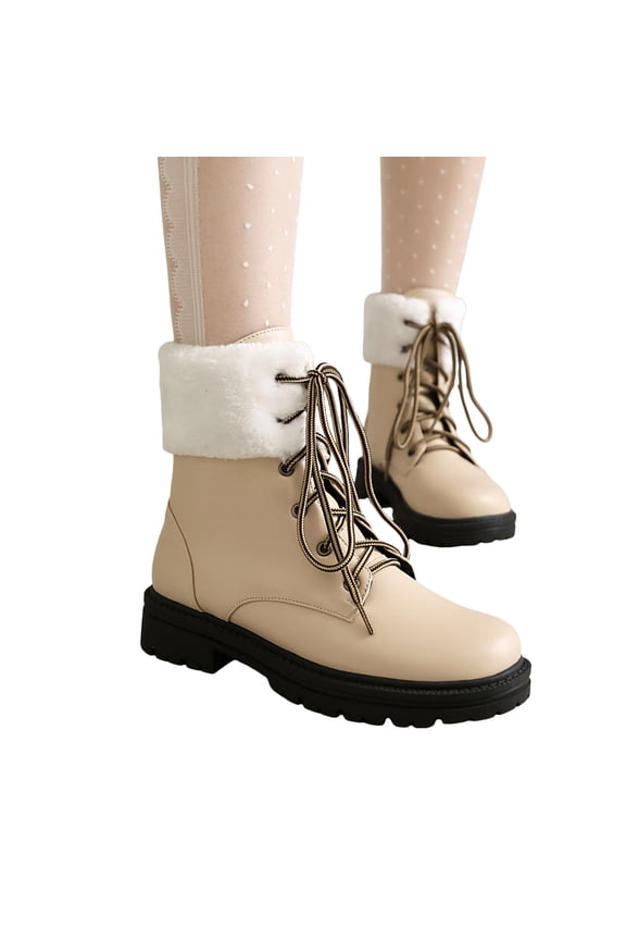 Womens Fuzzy Ankle Boots Ladies Casual Lace Up Mid Calf Combat Booties Winter Warm Non Slip Platform Boots Beige Size 6