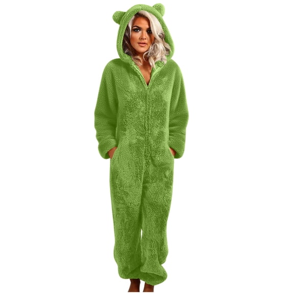 Womens Fuzzy Bear Onesie Pajamas Sherpa Fleece One Piece Romper Zipper Cute Ear Hooded Jumpsuit Pajama Loungewear