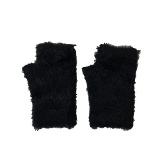 Womens Fuzzy Black Faux Fur Fingerless Knit Gloves Text & Tech