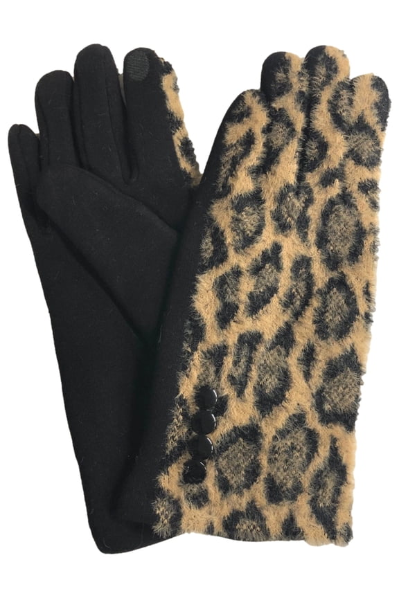 Womens Fuzzy Brown Leopard Print Stretch Fit Texting & Tech Touchscreen Gloves