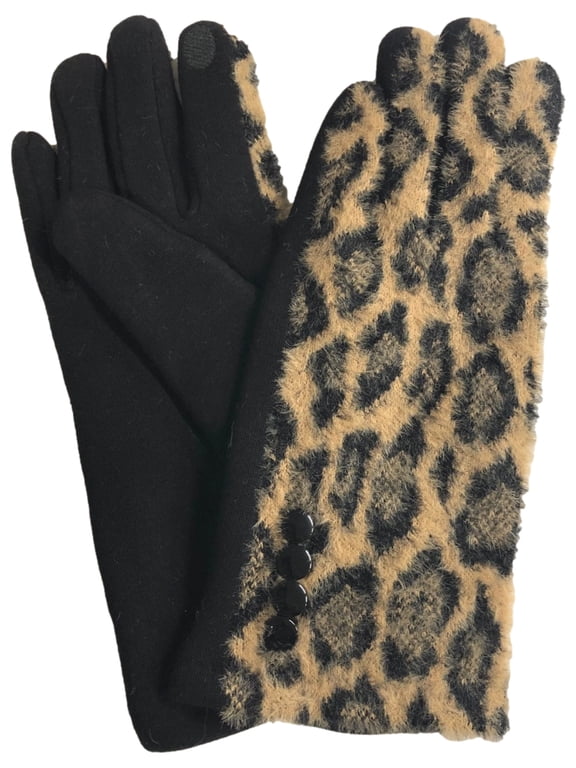 Womens Fuzzy Brown Leopard Print Stretch Fit Texting & Tech Touchscreen Gloves