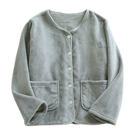 Womens Fuzzy Button Down Pajama Tops Soft Winter Plush Fluffy Cardigan Sleepwear Plush Winter House Coat Jacket with Pockets