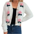 thumbnail image 1 of Womens Fuzzy Cardigan Sweater Long Sleeve Floral Cardigans Button Front Fluffy V Neck Sweaters White, M, 1 of 5