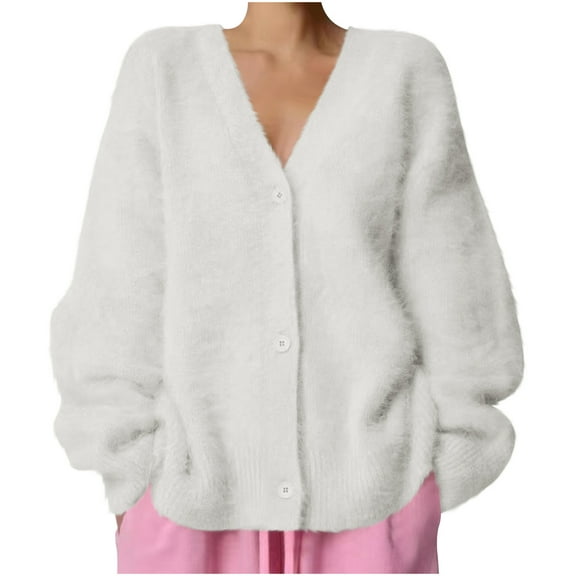 Womens Fuzzy Cardigan Sweater Long Sleeve V-Neck Button Down Shirts Top Slouchy Furry Knit Sweaters