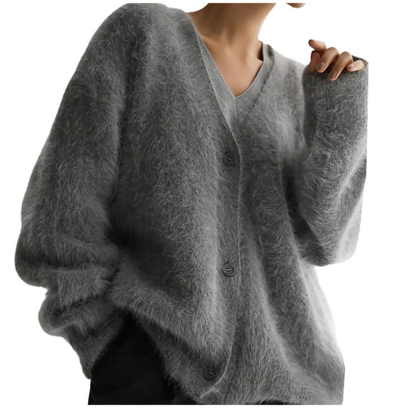 Womens Fuzzy Cardigan Sweater V Neck Long Sleeve Button Down Slouchy Furry Knit Sweaters 2025