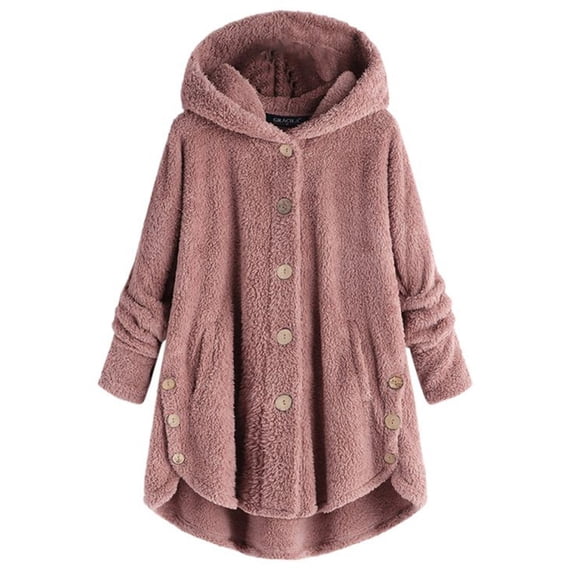 Womens Fuzzy Casual Loose Sweatshirt Button Down Long Sleeve Hooded with Pockets Outerwear S-5XL