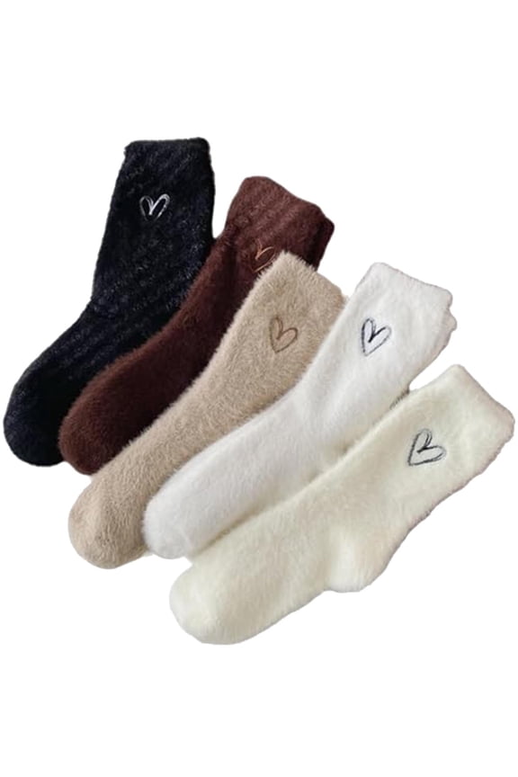 Womens Fuzzy Crew Socks 5-Pair Pack, Heart Embroidery, Cozy Warm Socks for Sleeping, Lounge, Winter, White,Size Free Size