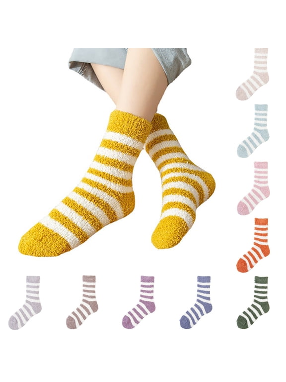 Womens Fuzzy Crew Socks with Anti Slip Grips Warm Cozy Fluffy Winter Slipper Socks Non Skid Home Socks for Women Solid Stripes Winter Warm Cozzy Microfiber Crew Home Socks C One Size