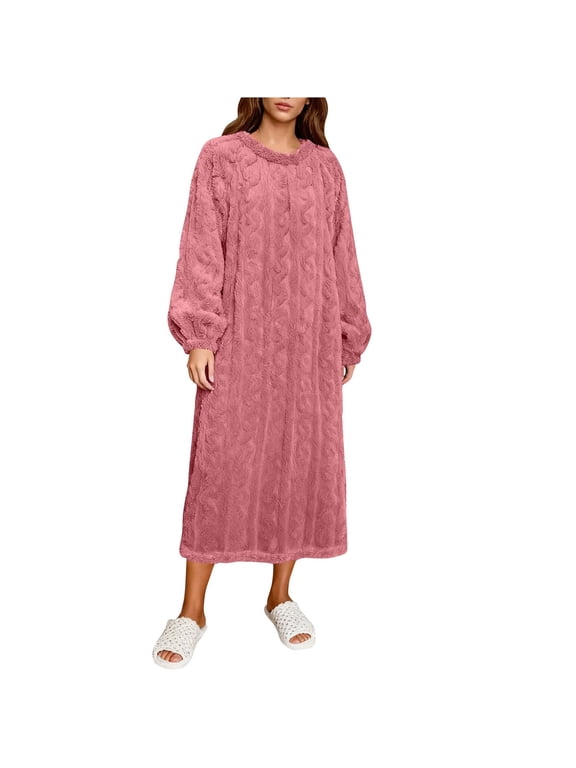 Womens Fuzzy Flannel Housecoat Cozy Warm Lantern Sleeve Duster Robe Winter Thick Plush Lounger Dress Nightgown