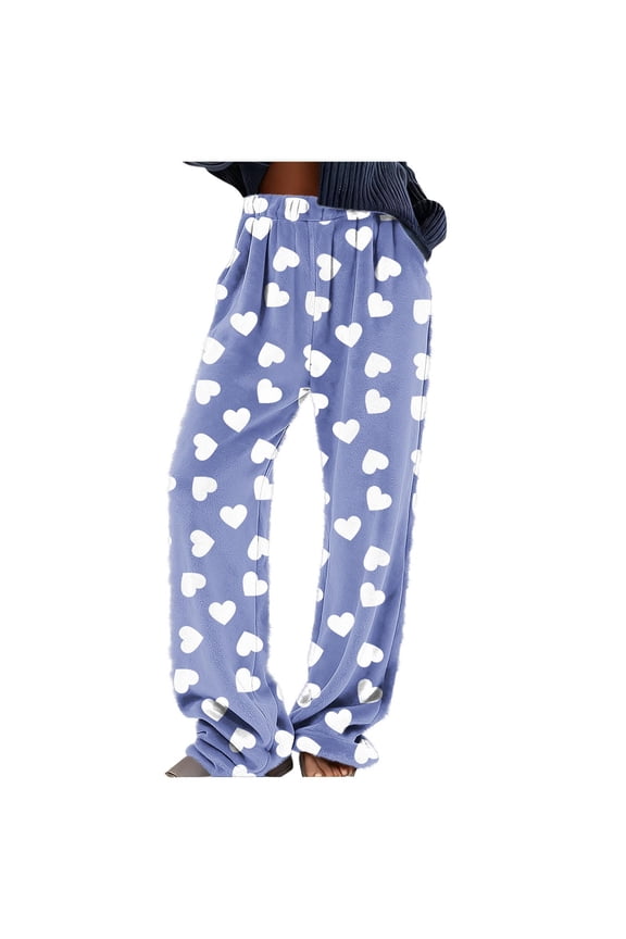 Womens Fuzzy Flannel Valentine Pants Elastic Waist Love Heart Print Pant Fleece Sherpa Loose Wide Leg Fall Winter Trousers