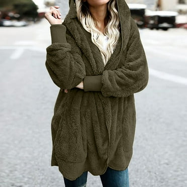 Womens Fuzzy Fleece Cardigan Jacket with Pockets Hooded Open Front Sherpa Coat Outwear for Women with Hood
