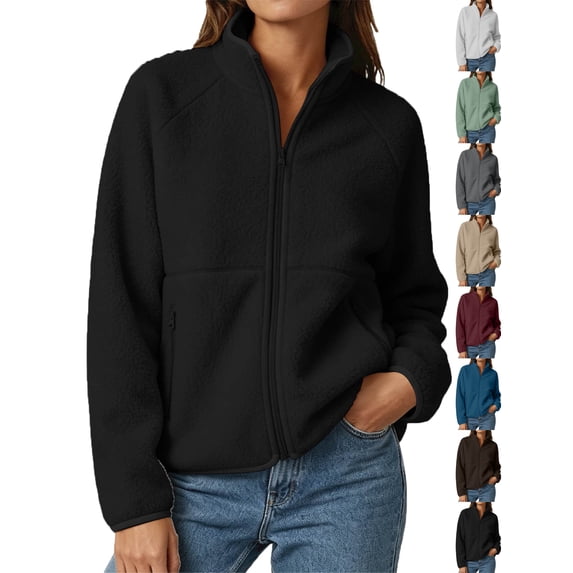 Womens Fuzzy Fleece Coats Fashion Cozy Soft Stand Collar Zip Up Outerwear for Fall Winter Hiking & Daily Wear